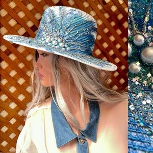 SEW WHAT! One of a Kind WEARABLE ART Painted Beaded Sparkle Artisan STRAW HAT OS